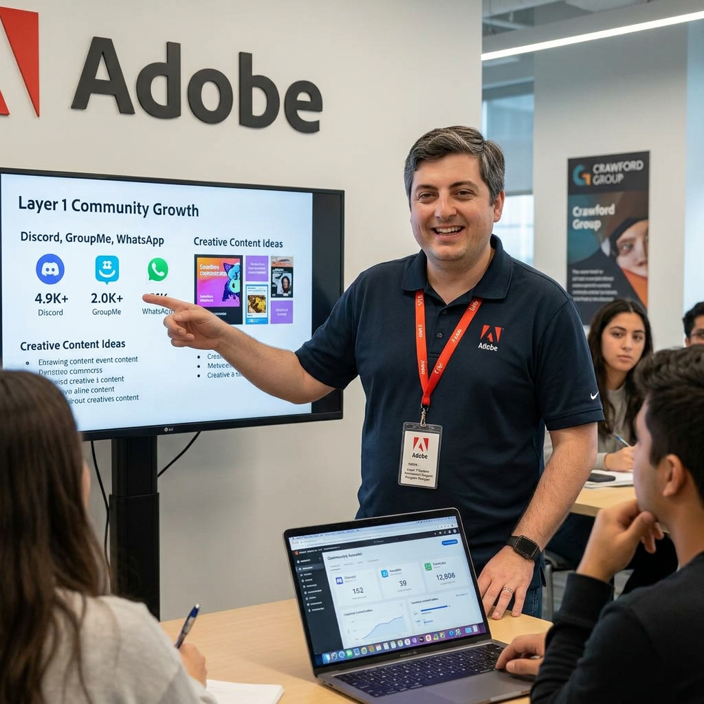 Adobe Firefly–generated scene of Dom presenting Layer 1 community growth across Discord, GroupMe, and WhatsApp to a room of students